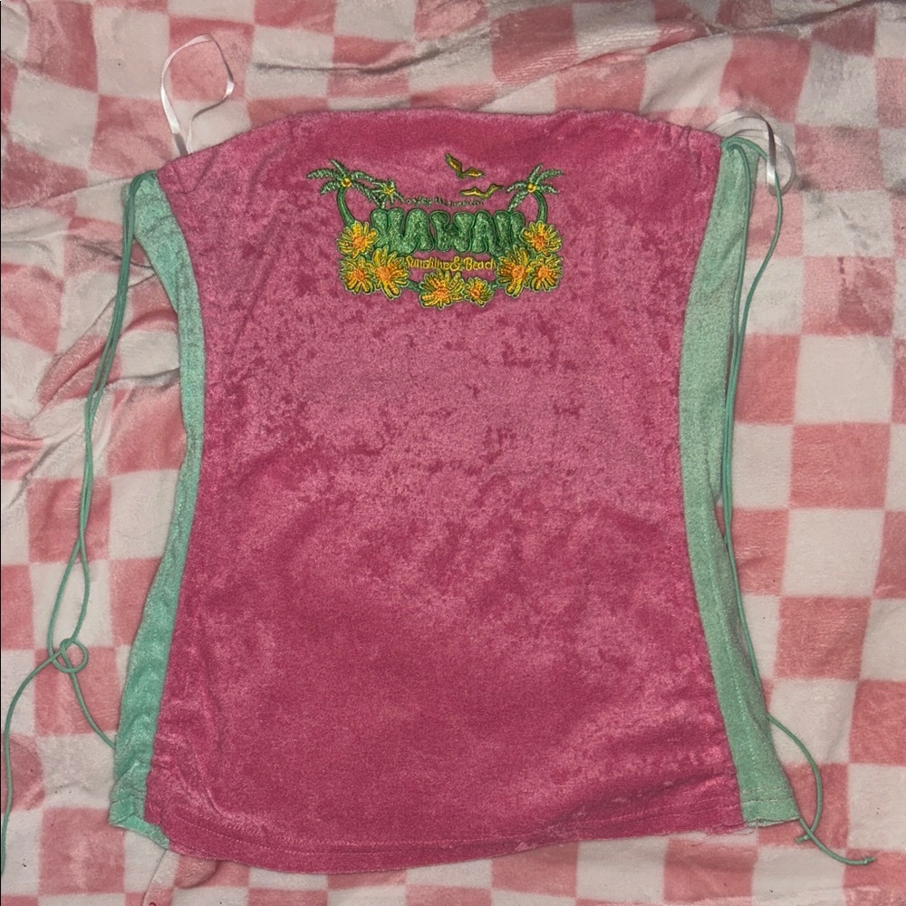 SHEIN Pink Tank Top with Green Trim and Tropical Embroidery